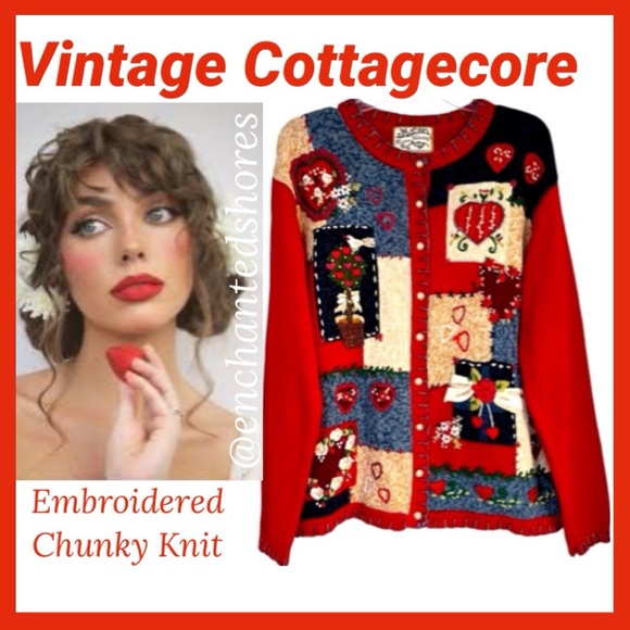 Vintage Sweetheart Sweater Knit Floral Heart Valentine Heirloom Cottage Core Y2K - Picture 1 of 16